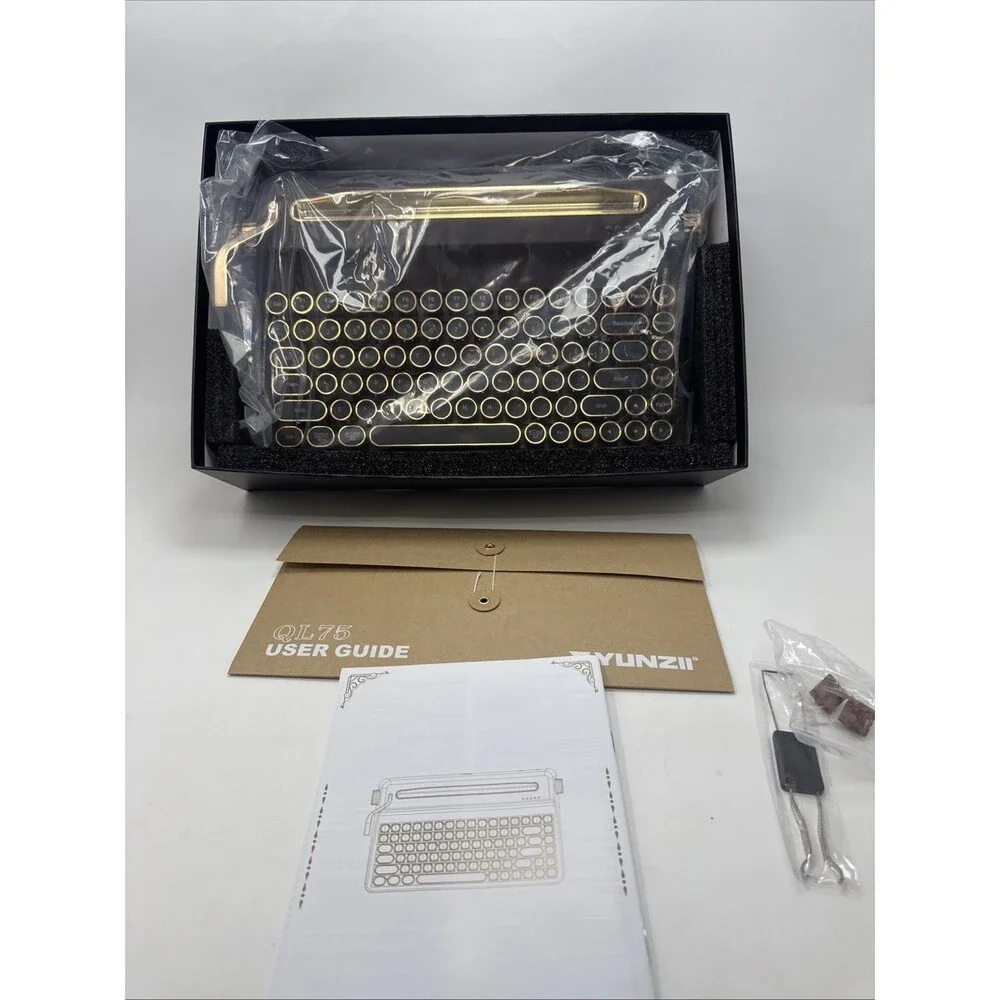 YUNZII QL75 Wireless Typewriter Retro Mechanical Keyboard, Brown Wooden Open Box
